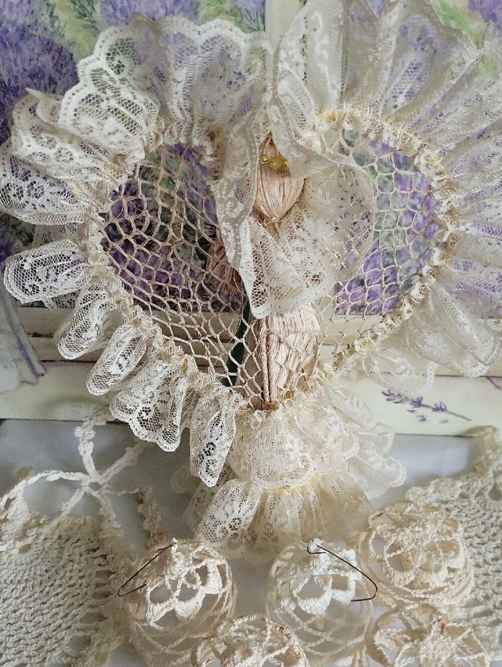 Handmade Corn Husk Angel Figurine & Crochet Lace Ornaments Doilies Lot